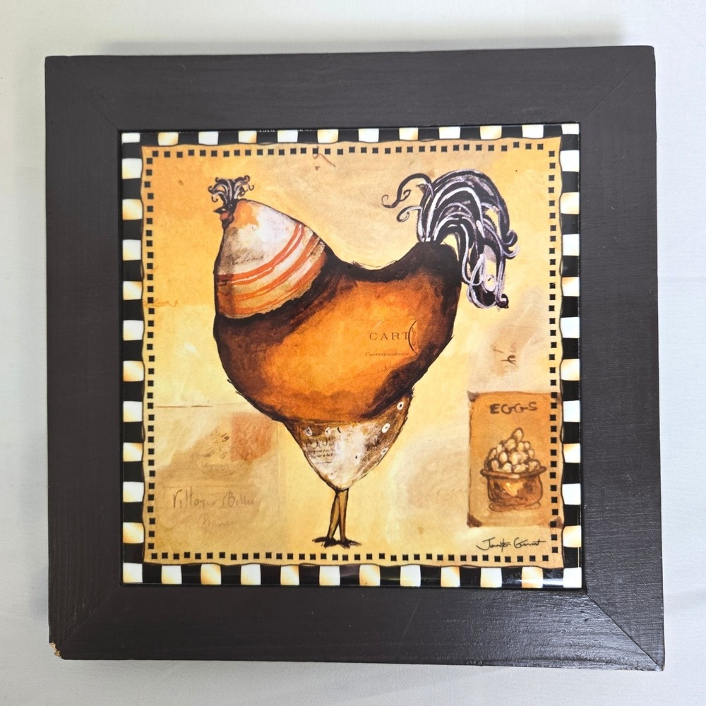 Jennifer Garant French Rooster Folk Art Tile Wooden Frame Kitchen Decor‎ 8" x 8"
